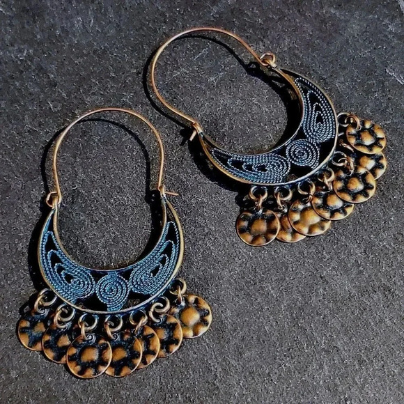 Antique Copper Verdigris Blue Green Patina Filigrees Hammered Drops Earrings - Picture 1 of 6